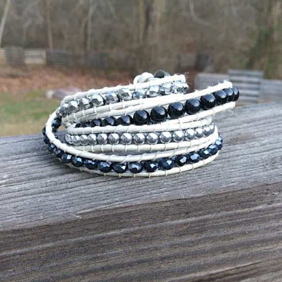 White Leather Wrap Beaded Bracelet - Picture 2 of 5